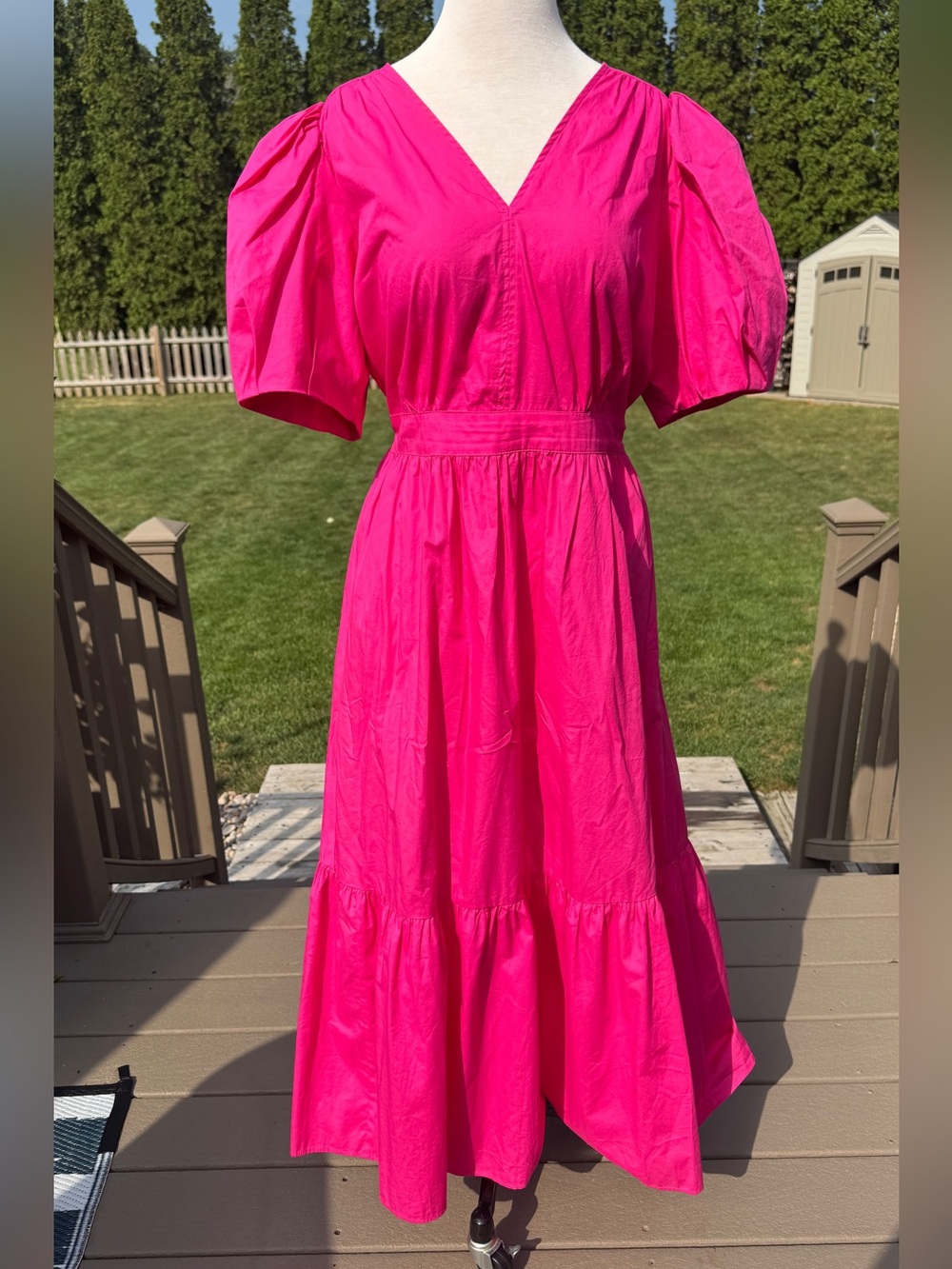 CeCe's Women’s Hot Pink Puff-Sleeve V-Neck Midi Dress w tie waist Sz L